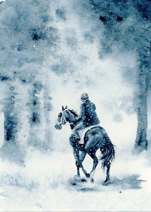 A rider on horseback in winter